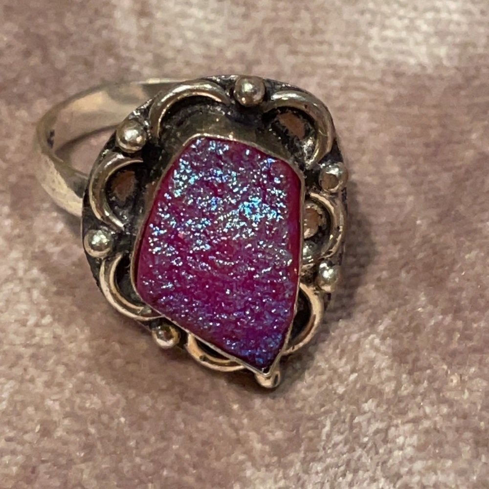 Purple Quartz Iridescent Druzy Quartz Ring 925 Sterling Silver